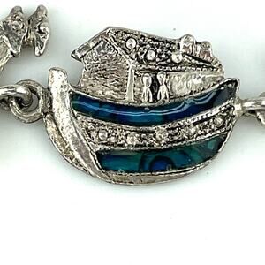 Vintage Genuine Paua Shell Noah's Ark 7" Charm Bracelet Silver and Blue Jewelry